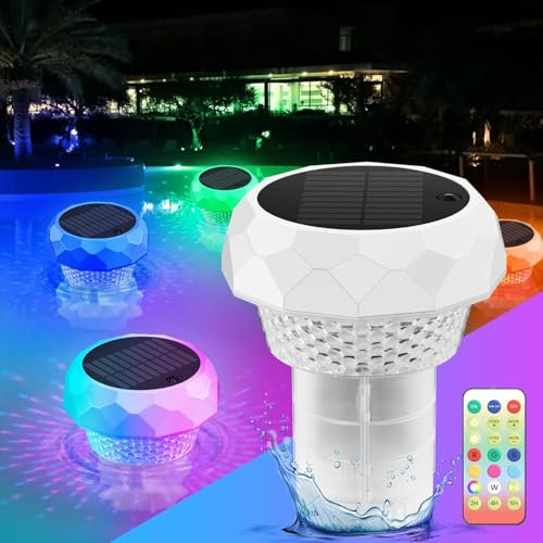 Lampe Solaire Piscine Flottante Diffuseur Chlore Piscine avec Lumière Solaire LED Distributeur de Chlore Flottant avec télécommande Libération Réglable & Ouverture Facile Doseur Flotteur Solaire
