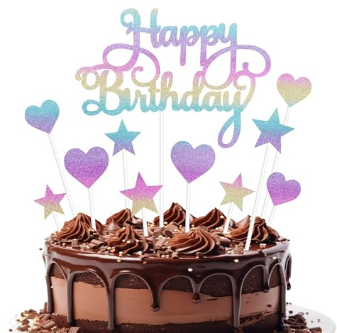 11 Stück Kuchen Deko Geburtstag, Happy Birthday Tortendeko Farbig, Kuchen Topper Geburtstag, Herz Cupcake Topper Sterne Kuchendeko, Glitzer Cake Topper für Babyparty, Geburtstag Party, Jubiläum (A)