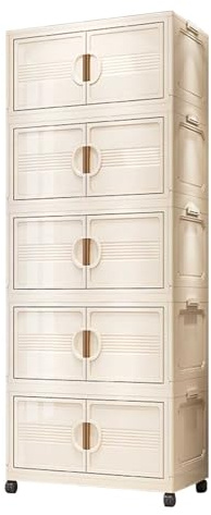Esenlong 5-Tier Stackable Storage Boxes with Front Doors,Collapsible Plastic Storage Bins with Wheels,Folding Storage Boxes Storage Cabinet for Bedroom,Livingroom,Kitchen,Office(55x32x139cm,Beige)