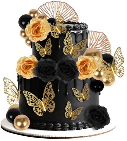 Yanmucy Rose Gold Cake Decorations Boho Cake Topper Happy Birthday Cake Toppers Pink Balls Artificial Flowers Leaf Cake Decorating for Wedding Valentines Party (Black Gold)