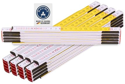 BAUMA® Zollstock 2 Meter Weiß [5er-Set] – Robust & präzise für vielseitige Messungen – Gliedermaßstab aus Glasbirkenholz mit Dekadeneinteilung in Weiß/Gelb – Made in DE