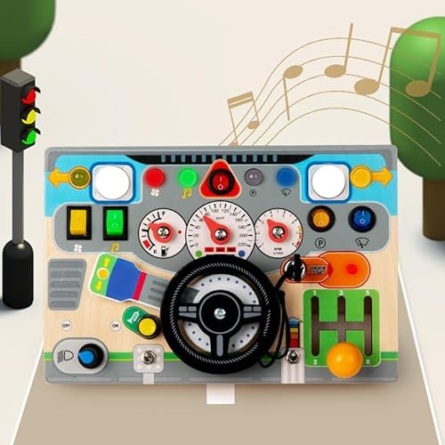 Montessori Sensory Toy, Toddlers Wooden Busy Board with Simulated Steering Wheel and LED Light Switchesn for Baby Boys Girls Age 1 2 3 Year Old, Fidget Board Sensory Toy Preschool Learning Fine Motor