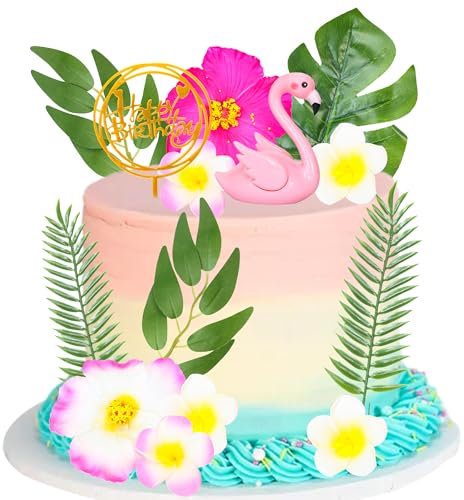 Ephlyn 14 Pack Flamingo Cake Toppers Summer Cake Decoration Palm Leaves Hibiscus Flower Cake Picks for Tropical Hawaiian and Beach Themed Party Supplies Rose Red
