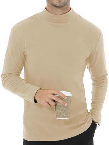 Tyhengta Thermal Long Sleeve Tops Men Turtleneck Fleece Pullover Winter Baselayer Warm Casual Lounging T-Shirt Khaki, L