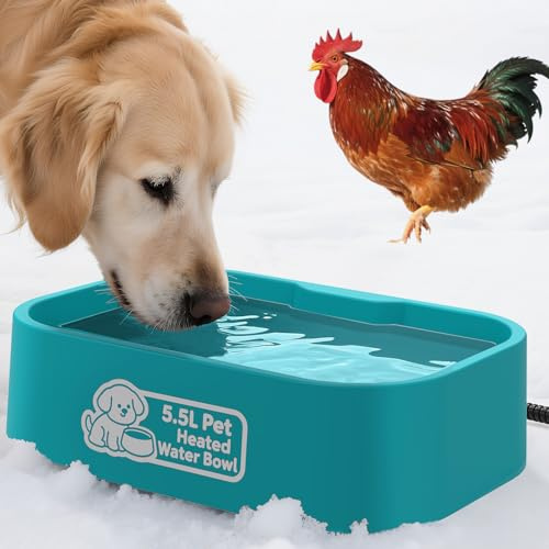 IPOW Beheizter Wassernapf für Haustiere, 5,5 l, extra groß, rechteckig, für den Außenbereich, langlebig, für den Außenbereich, mit Anti-Kauschnur, hält Wasser bei 25-35 °C warm, für Katzen und Hunde