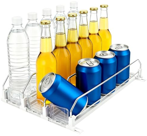 NBOUOU Automatic can Dispenser for Fridge, Lazy Susan Soda Beer Fridges Drinks Organisers, Adjustable Width for Storage and Organization, Self-Pushing 3 Rows for Fridge can Dispenser