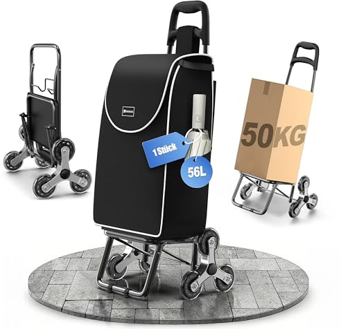 Einkaufswagen Klappbar 56L,Einkaufstrolley Treppensteiger,Trolly Einkaufswagen Klappbar, Hackenporsche mit 6 Räder,Wasserdicht,Bis 50 kg Traglast,faltbar & abnehmbar.(Schwarz, 1 Stück)