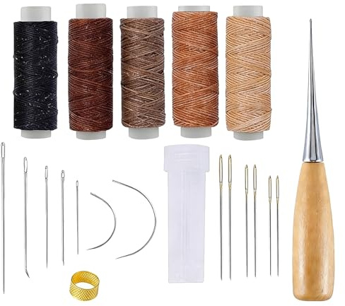 Kit de Costura para Cuero 21 Piezas, Set de Hilo Encerado y Agujas Zapatero con Punzón y Dedal, Herramientas de Costura Manual para Reparación de Zapatos, Bolsos y Cinturones, DIY y Artesanía