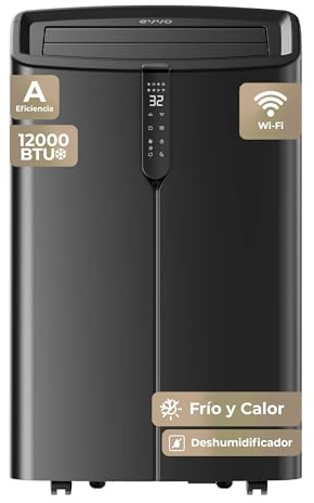 EVVO Clima Silent - Aire Acondicionado Portátil hasta12000 BTU con Bomba de Calor - Pingüino Frío y Calor, Deshumidificador, Modo Noche y Función Turbo. Incluye Kit de Ventana (P12 WIFI Negro)