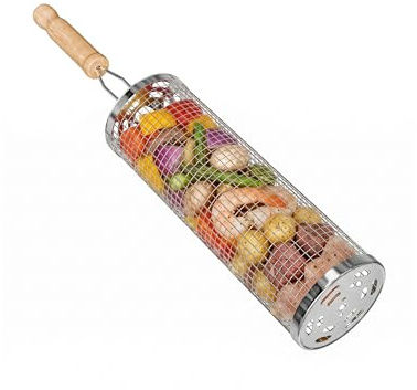 Amig - Rundkorb für Grill - 12 x 30 cm - Holzgriff - Edelstahlgrillkorb - Drehkorb für Grill im Garten oder Camping - Stabile Unterstützung und einfache Reinigung - Mod. AM28