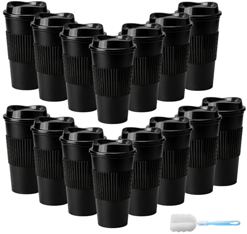 RAINPOP 15Pcs Reusable Coffee Cups with Lids - 16 oz Plastic Tumblers to Go Ice Coffee Cups Bulk Plastic Travel Mugs for Slushie and Cold Drinks Smoothie, Home, Car, Beach, Camping & Party - Black