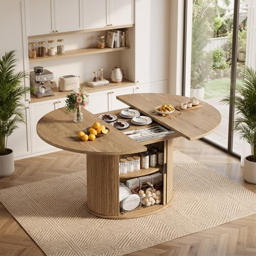 MSFE Esstisch Ausziehbar mit Verstecktem Stauraum Runder Esstisch für 4-8 Personen Moderne Esszimmertisch aus Holz mit 2-lagigem Lagerregal und Schiebetür für Esszimmer Wohnzimmer 110-150x110x75CM