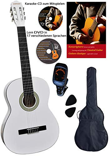 CLIFTON Konzertgitarre 4 4, White, Ahorn Griffbrett und Brücke, Fichtendecke, Lern DVD, Karaoke CD, Songbook, gepolsterte Tasche mit Rückengarniture, 2 Stück Plectren, digitales Stimmgerät, Starter Set