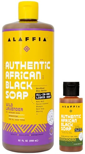 Alaffia Authentic African Black Soap Variety 2-Pack – All-In-One Liquid Soap, Travel-Size Eucalyptus Tea Tree+Full-Size Unscented Body Wash, Face Wash, Shampoo, Shaving Soap