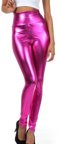 Sakkas 2616 Shiny Liquid Metallic High Taille Stretch Leggings - Pink - XL