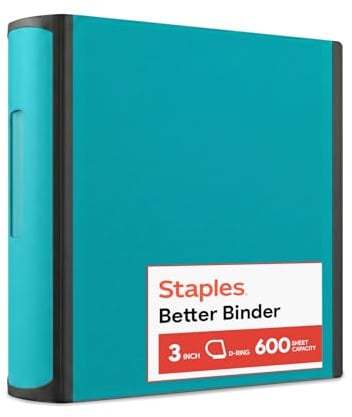 Staples 3 Inch BetterView Binder with D-Rings (Teal)
