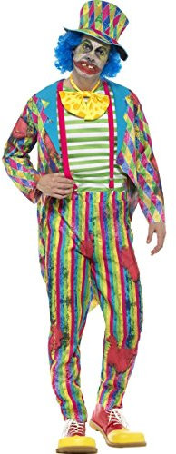 Smiffys Deluxe Patchwork Clown Costume, Male, Multi-Colour with Jacket, Trousers, Bow Tie & Hat with Hair, Halloween Cirque Sinister Fancy Dress, Clown Dress Up Costumes