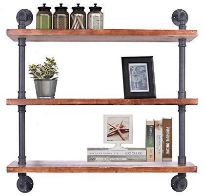 Diwhy Industrielles Rohrregal Bücherregal Rustikal Modern Holz Leiter Lagerregal 3 Etagen Retro Wandbefestigung Rohrdesign DIY Regal (Schwarz, L 91,4 cm)