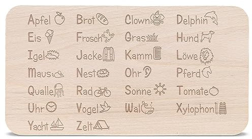 GRAVURZEILE Frühstücksbrettchen Brotzeitbrett mit Gravur - ABC Design - Vesperbrettchen für Kinder zum einfachen lernen - Geschenk zur Einschulung für Mädchen & Jungen - 100% Buchenholz - 23x15x1 cm