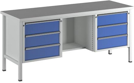 ANKE | Werkbank | Gestellbauweise Serie V | 6 Schubladen | ½ Ablageboden | Höhe 890 mm | Universalplatte