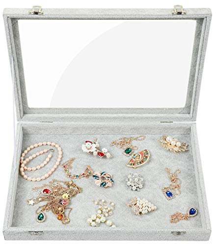 STYLIFING Clear Lid Ice Velvet Multifunction Jewelry Tray Showcase Display Organizer Rings Earrings Necklaces Bracelet Watch Vintage Buttons Box for Women