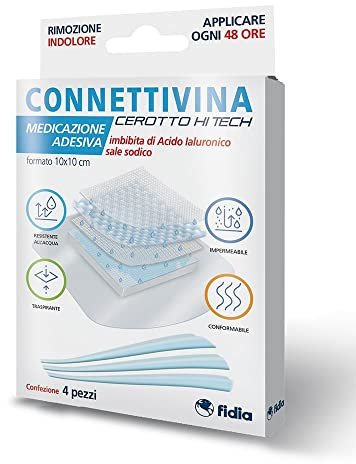 Connettivina Cerotto Hi Tech Fidia Farmaceutici | Formato 10x10 cm | Per Escoriazioni, Piccoli Tagli e Scottature | Imbevuto con Acido Ialuronico Sale Sodico