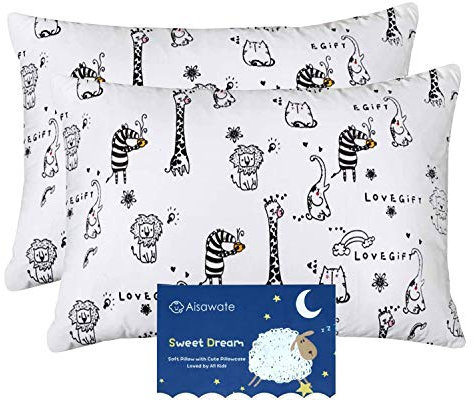 Kinder Kissenbezug 40 x 60 cm, Baby Kleinkind Kissen Kissenbezüge für Kinderwagen, 2er-Pack Bio Baumwolle Kopfkissenbezug mit Umschlagverschluss, Weiß Waldtiere