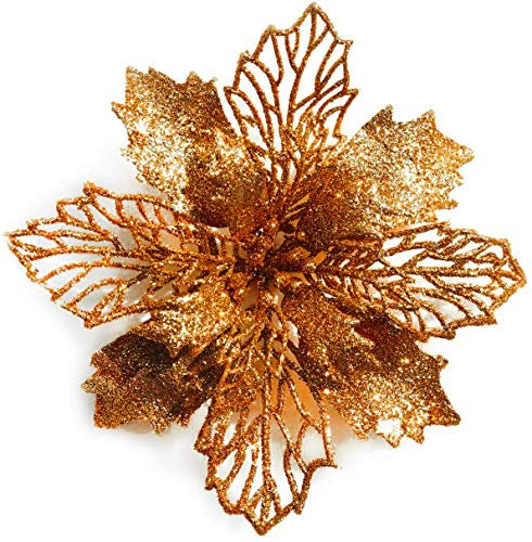 GL-Turelifes 12 Stück 16,3 cm Glitzer-Weihnachtsblumen, Bronze-Weihnachtsstern, künstliche Blumen, Weihnachtsbaum, Blumen, Kranz, Baumschmuck mit 12 grünen Blumenstielen