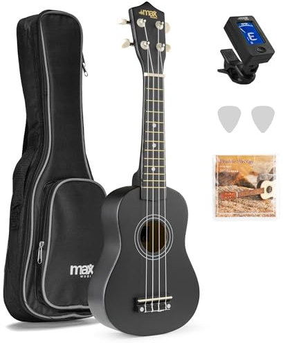 MAX UKEY Ukulele Komplett Set inkl. Plektren, digitalem Stimmgerät und Tasche, 21 mini Gitarre, Ukulele Erwachsene mit Zubehör für Anfänger, Soprano, 4 Nylon Saiten, 12 Bünde - Schwarz