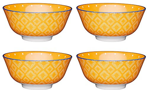 KitchenCraft Set of 4 Glazed Stoneware Bowls with Spotty/Textile Pattern, Bright Orange Ceramic Bowls with Footed Base, Microwave & Dishwasher Safe, 15.7 cm (6)