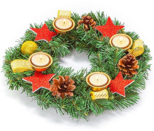 Adventskranz künstlich I Kranz fertig dekoriert für Weihnachten I inklusive 4 Teelichter I 30 cm