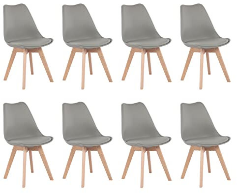 EGGREE 8er Set Esszimmerstühle mit Massivholz Buche Bein SGS Geprüfter, Skandinavisch Design Gepolsterter Stuhl Küchenstuhl Holz, Grau