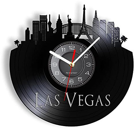 Smotly Vinyl-Wanduhr, LED-Nachtlichtfunktion, Las Vegas City View Wanduhr, ist eine Wanduhr Geschenk für Wohnkultur. (Schwarz)