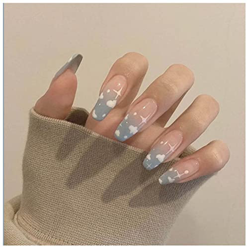 Cimenexe Gradient Press on Coffin Nails Gradient Cloud Künstliche Fingernägel Rosa Nagelspitzen Mittlere Fingernägel French Tip Nails Full Cover Acrylnägel Cloud für Frauen und Mädchen 24St