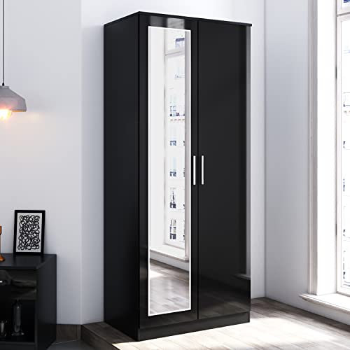 ELEGANT 2 Door Wardrobe with Hanging Rail and Full-length Mirror High Gloss Bedroom Furniture for Home Bedroom, 5 Colors Available