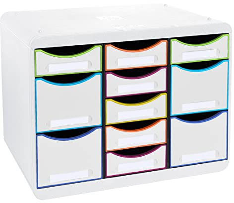Exacompta 313913D Ablagebox Harlekin aus Recycling-Kunststoff mit 11 individuell platzierbaren Schubladen. Schubladenbox im Querformat für mehr Ordnung. Store Box Multi Blauer Engel weiß|bunt