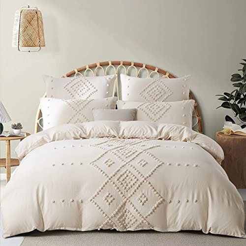 Sedefen Bettwäsche 220x240cm Beige Baumwolle Mikrofaser Tufted Getuftet Böhmisch Exquisite Bettwäsche Mädchen Elegant Doppelbett Bettbezug und 2 Kissenbezug 80x80cm mit Reißverschluss