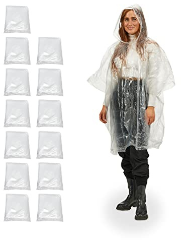 Relaxdays Set of 13 Rain Ponchos, Single Use, Raincoats with Hood, Adults, Emergency Rainwear, Protection, Transparent