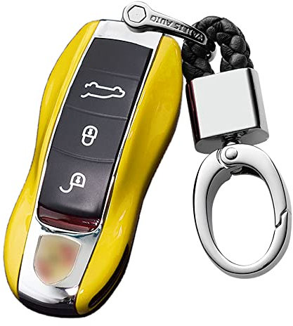KUNIO Coque de clé Compatible avec Porsche 718 911 Carrera 918 Spyder Boxster 981 Cayenne 92A Cayman 981 pour Macan pour Panamera 970 Coque ABS Porte-clés de Voiture Jaune