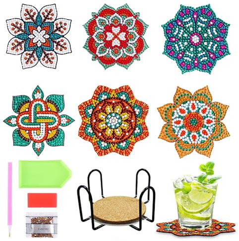 NAJILI 6 Stück Diamond Painting Untersetzer Mit Halter, DIY Diamant Painting Untersetzer, Barmatte Diamant Untersetzer in Blumenform, Acryl Kunsthandwerk Untersetzer für Anfänger, Erwachsene & Kinder