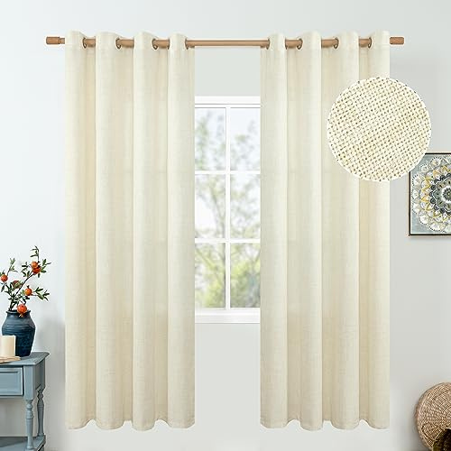 QUEMAS Natürliche Leinenvorhänge für Schlafzimmer, 183 cm Länge, 2 Paneele, dicke Leinenmischung, lichtfilterende Vorhänge für Wohnzimmer, Sichtschutz, Jute, Bauernhaus, cremefarben, je 132x183 cm