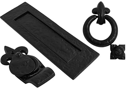 Black Antique Front Door Set Letter Box Cylinder Pull Door Knocker Cottage Cast (Fleur de LYS)