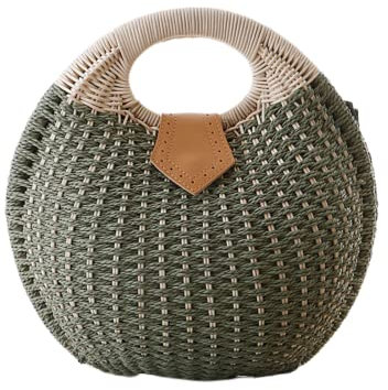 HINGTAT Sac en rotin rond de style bohème - Fait à la main - Pour femme - Tendance - Sac de plage d'été - Sac à bandoulière en rotin classique - Sac en paille chic, vert militaire