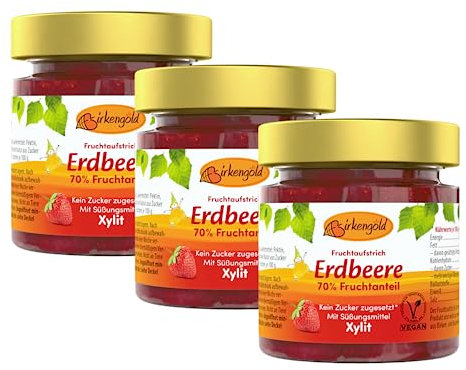 Birkengold Erdbeer Marmelade 3 x 200 g | ohne Zuckerzusatz | mit europäischem Xylit gesüßt | 70 % Fruchtanteil | mit Bio Früchten | vegan