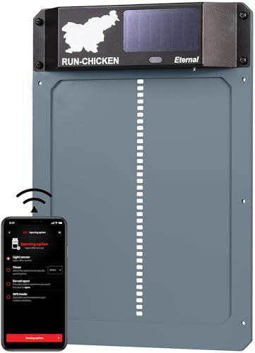 Run-Chicken Tür (grau) Solar Hühnerstall Tür, batteriebetriebene automatische Hühnerstalltür, programmierbare elektrische Hühnertür mit Timer, Lichtsensor, solarbetrieben, Eternal