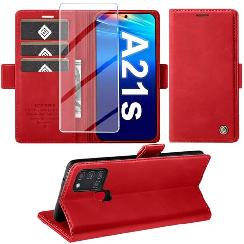 Giyer Handyhülle für Samsung Galaxy A21S Hülle mit Displayschutzfolie, Schutzhülle Galaxy A21S PU Leder Wallet Flip Case Standfunktion Kartenfach Klapphülle für Samsung A21S Tache Cover (Rot)