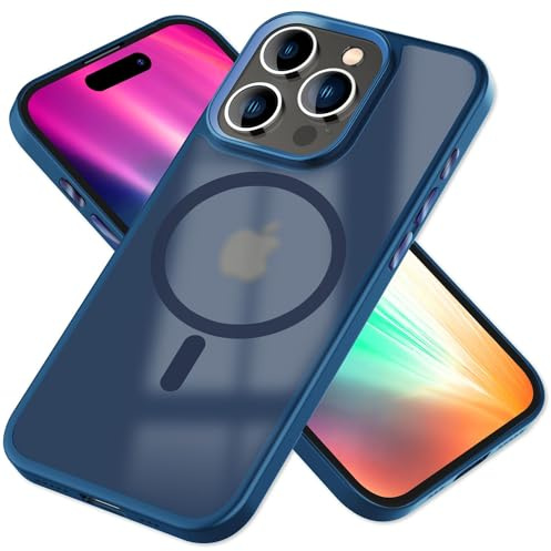 NALIA Frosted Hybrid MagPower Cover kompatibel mit iPhone 15 Pro Max Hülle [kompatibel mit MagSafe], Semi-Transparent Matt Anti-Gelb, Harte Rückseite & Verstärkter Fallschutz Rahmen, Farbe:Dunkel Blau