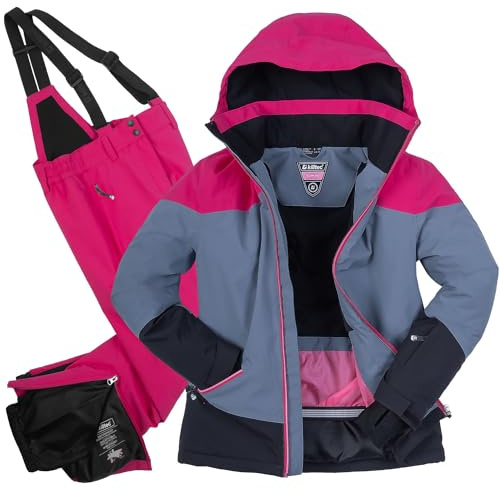 Killtec Mädchen Skianzug Größe 128 wasserdicht 10.000 mm Wassersäule - Skijacke Blaugrau Pink, Skihose Pink