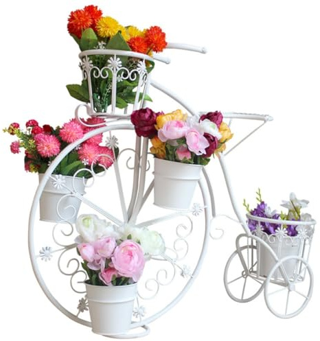 Metall-Fahrrad-Pflanzgefäß-Ständer, Pariser Stil, Blumenständer, Wagen mit 3 dekorativen Rädern und 3 Pflanzeimern, für Heimdekoration, Terrasse, Garten, Blumenladen, drinnen und draußen oder Rasen