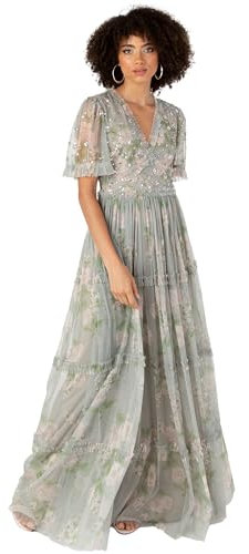 Anaya with Love Women's Maxi Dress Ladies V-Neck Short Angel Sleeves Tiered Ruffle for Bridesmaid Wedding Guest Occasion Prom Ball Gown Floral Sage Green 12